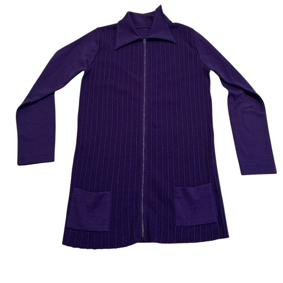 VINTAGE 60s/70s Purple Ribbed Zip-Up Tunic Sweater Dress | Full Zip Coatigan M - Picture 1 of 5